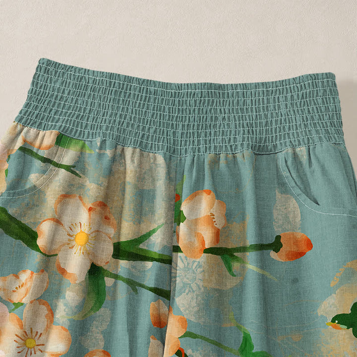 Buddha Stones Pantalones harem de algodón con estampado de flores de cerezo, cintura elástica plisada y bolsillos para mujer. - image 4