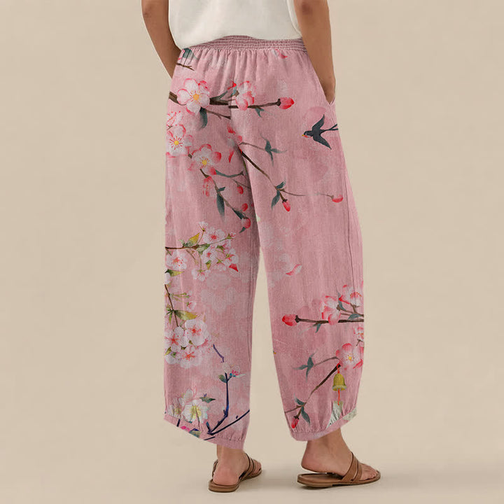 Buddha Stones Pantalones harem de algodón con estampado de flores de cerezo, cintura elástica plisada y bolsillos para mujer. - image 8