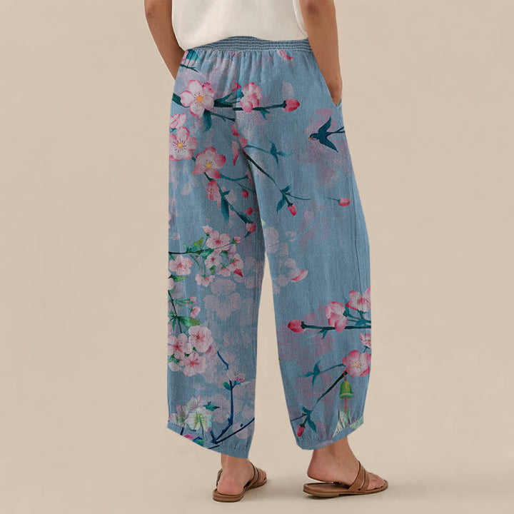 Buddha Stones Pantalones harem de algodón con estampado de flores de cerezo, cintura elástica plisada y bolsillos para mujer. - image 12