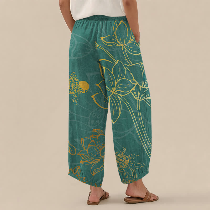 Buddha Stones Pantalones harem de algodón dorado con estampado de peces koi, cintura elástica plisada y bolsillos para mujer. - image 2