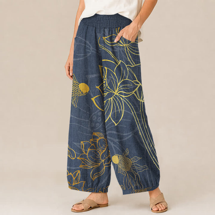 Buddha Stones Pantalones harem de algodón dorado con estampado de peces koi, cintura elástica plisada y bolsillos para mujer. - image 7