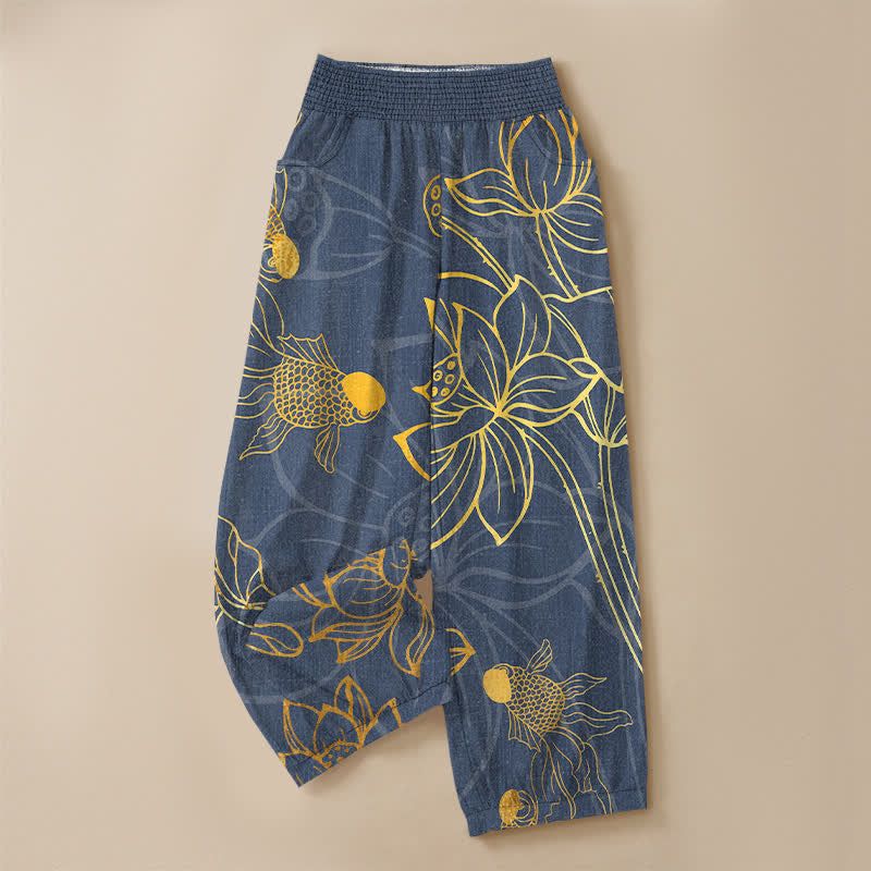 Buddha Stones Pantalones harem de algodón dorado con estampado de peces koi, cintura elástica plisada y bolsillos para mujer. - image 9