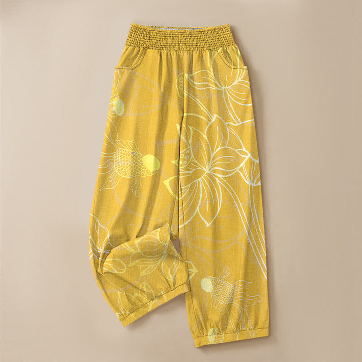 Buddha Stones Pantalones harem de algodón dorado con estampado de peces koi, cintura elástica plisada y bolsillos para mujer. - image 13