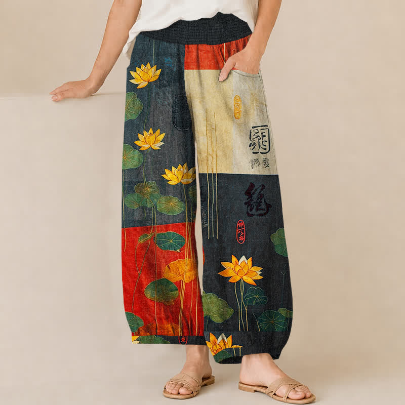Buddha Stones Pantalones harem de algodón con estampado de caligrafía de loto amarillo oriental, cintura elástica plisada y bolsillos para mujer. - Negro - US16，UK/AU20，EU48 (3XL) - image 0