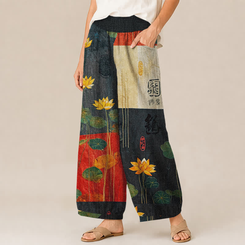 Buddha Stones Pantalones harem de algodón con estampado de caligrafía de loto amarillo oriental, cintura elástica plisada y bolsillos para mujer. - image 1