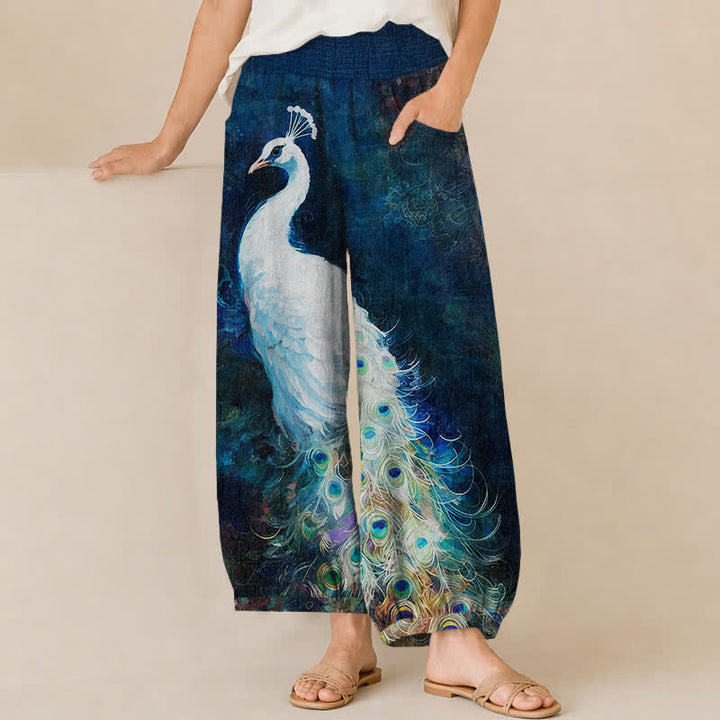 Buddha Stones Pantalones harem de mujer de algodón blanco con estampado de plumas de pavo real, cintura elástica plisada y bolsillos. - Marina de guerra - US16，UK/AU20，EU48 (3XL) - image 0