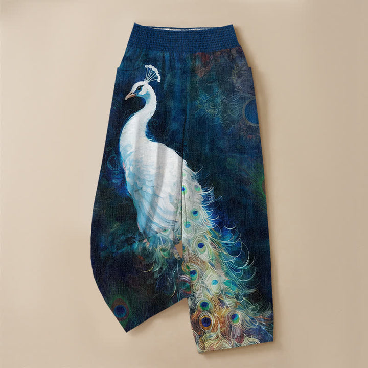 Buddha Stones Pantalones harem de mujer de algodón blanco con estampado de plumas de pavo real, cintura elástica plisada y bolsillos. - image 3