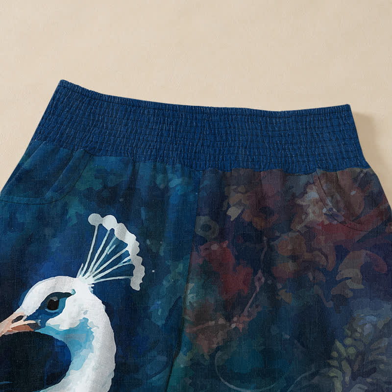 Buddha Stones Pantalones harem de mujer de algodón blanco con estampado de plumas de pavo real, cintura elástica plisada y bolsillos. - image 4