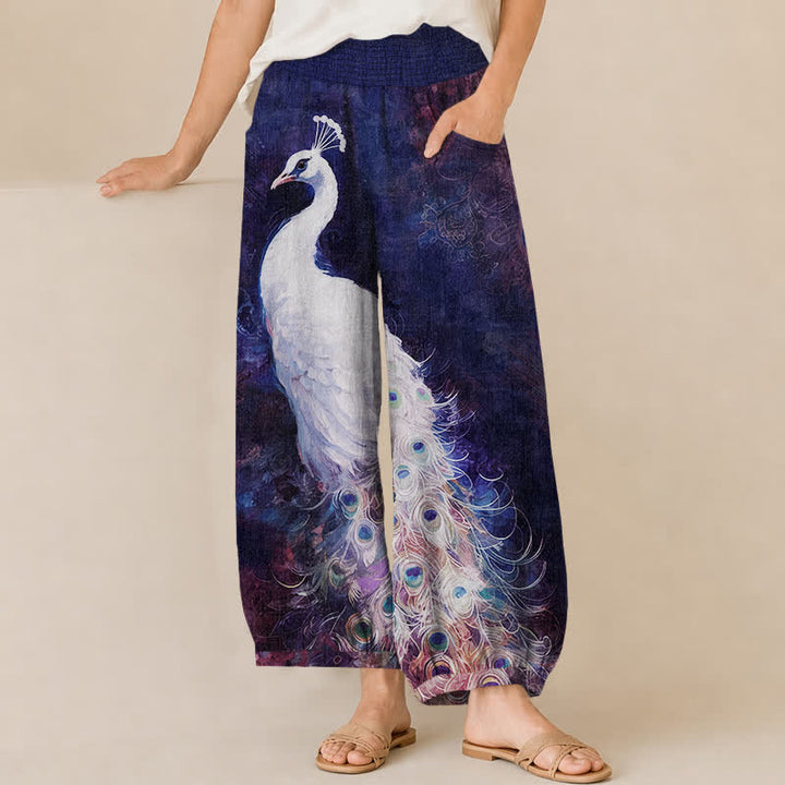 Buddha Stones Pantalones harem de mujer de algodón blanco con estampado de plumas de pavo real, cintura elástica plisada y bolsillos. - Índigo - US16，UK/AU20，EU48 (3XL) - image 6