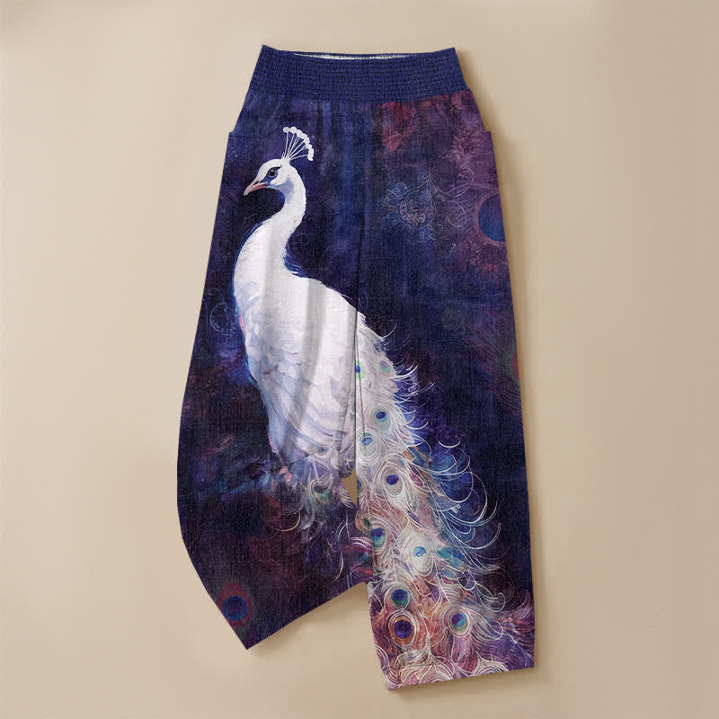 Buddha Stones Pantalones harem de mujer de algodón blanco con estampado de plumas de pavo real, cintura elástica plisada y bolsillos. - image 9
