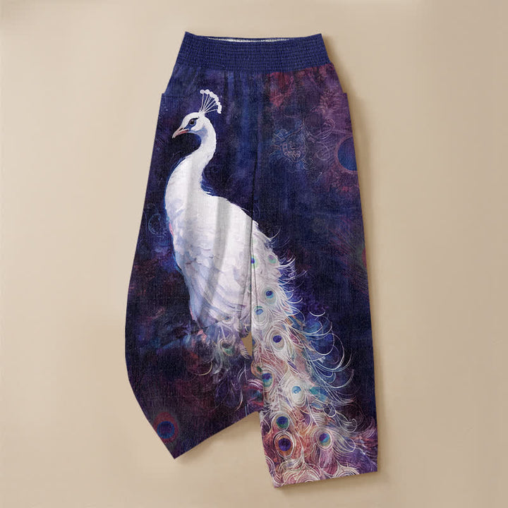 Buddha Stones Pantalones harem de mujer de algodón blanco con estampado de plumas de pavo real, cintura elástica plisada y bolsillos. - image 9