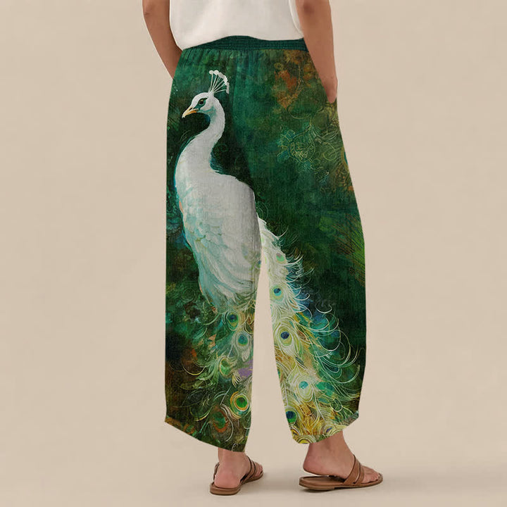 Buddha Stones Pantalones harem de mujer de algodón blanco con estampado de plumas de pavo real, cintura elástica plisada y bolsillos. - image 12