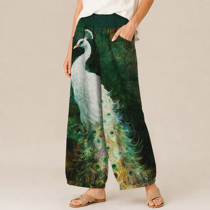 Buddha Stones Pantalones harem de mujer de algodón blanco con estampado de plumas de pavo real, cintura elástica plisada y bolsillos. - image 11