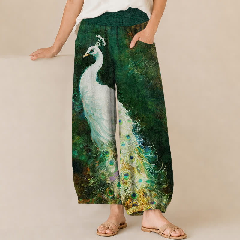 Buddha Stones Pantalones harem de mujer de algodón blanco con estampado de plumas de pavo real, cintura elástica plisada y bolsillos. - Verde oscuro - US16，UK/AU20，EU48 (3XL) - image 10