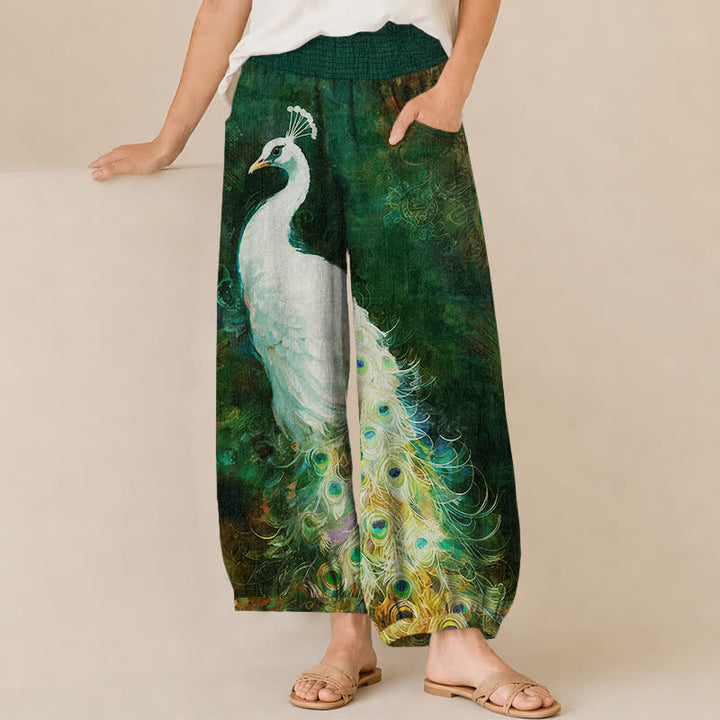 Buddha Stones Pantalones harem de mujer de algodón blanco con estampado de plumas de pavo real, cintura elástica plisada y bolsillos. - Verde oscuro - US16，UK/AU20，EU48 (3XL) - image 10