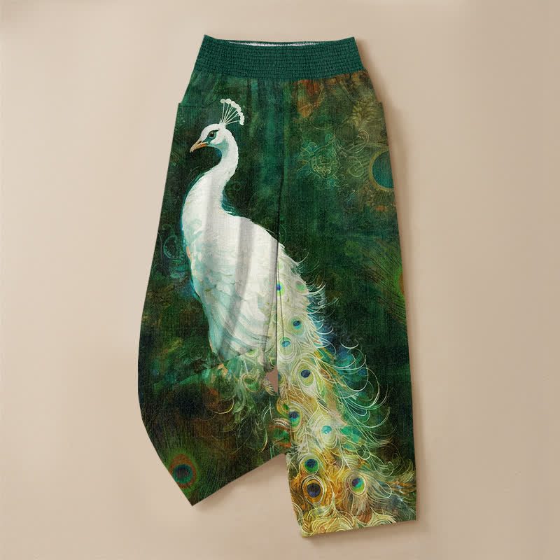 Buddha Stones Pantalones harem de mujer de algodón blanco con estampado de plumas de pavo real, cintura elástica plisada y bolsillos. - image 13