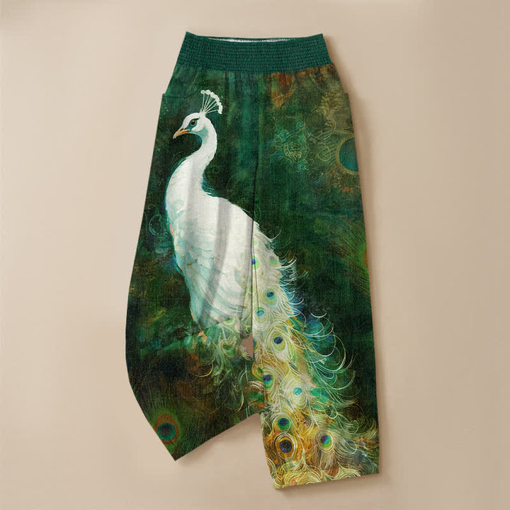 Buddha Stones Pantalones harem de mujer de algodón blanco con estampado de plumas de pavo real, cintura elástica plisada y bolsillos. - image 13