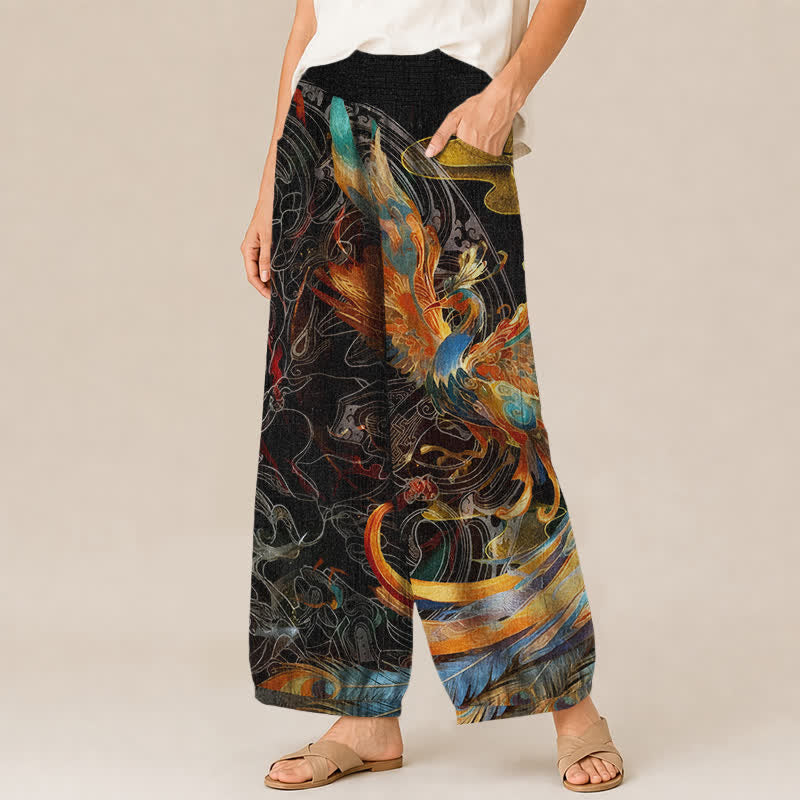 Buddha Stones Pantalones harem de algodón con estampado de plumas de fénix oriental, cintura elástica plisada y bolsillos para mujer. - image 1