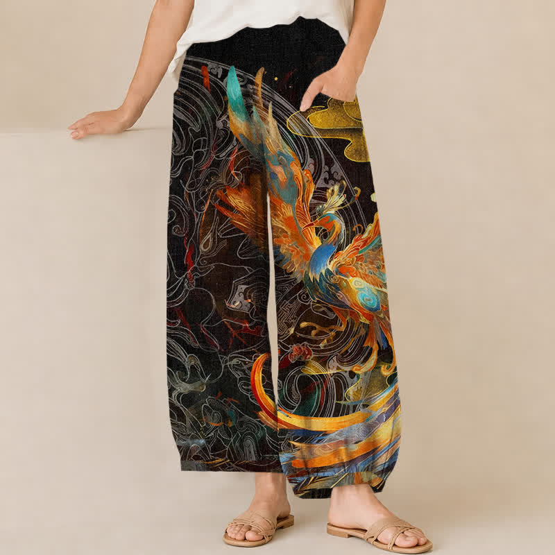 Buddha Stones Pantalones harem de algodón con estampado de plumas de fénix oriental, cintura elástica plisada y bolsillos para mujer. - Negro - US16，UK/AU20，EU48 (3XL) - image 0