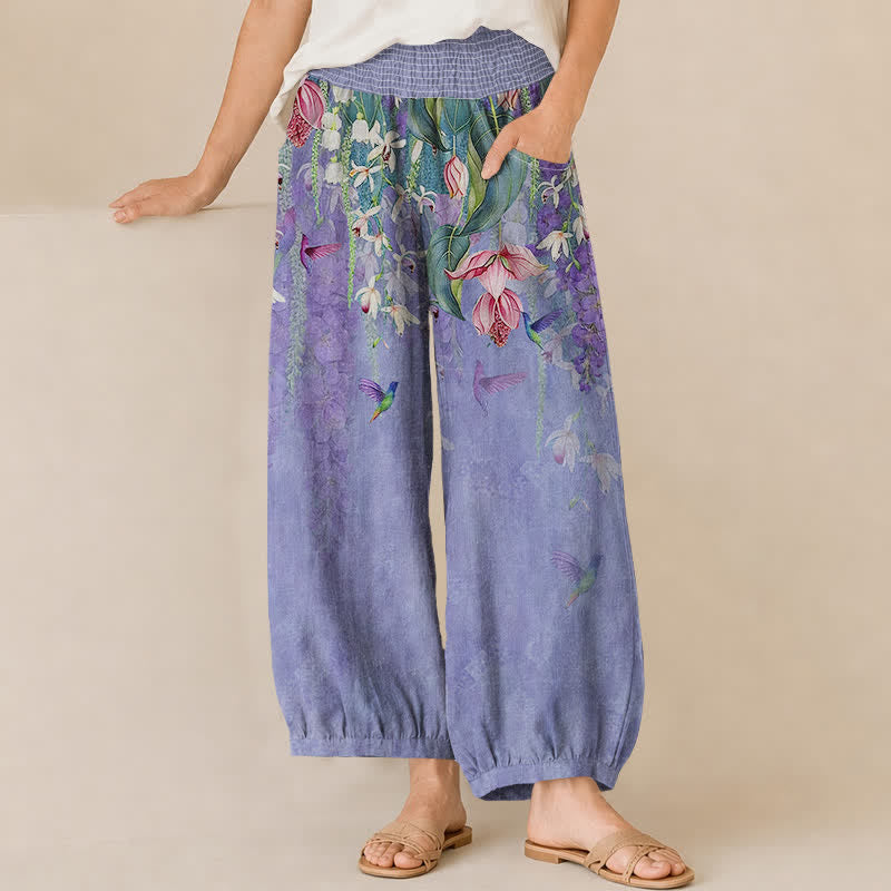 Buddha Stones Pantalones harem de mujer con estampado floral de colibríes y lavanda, plisados, cintura elástica y bolsillos. - Azul pizarra medio - US16，UK/AU20，EU48 (3XL) - image 0