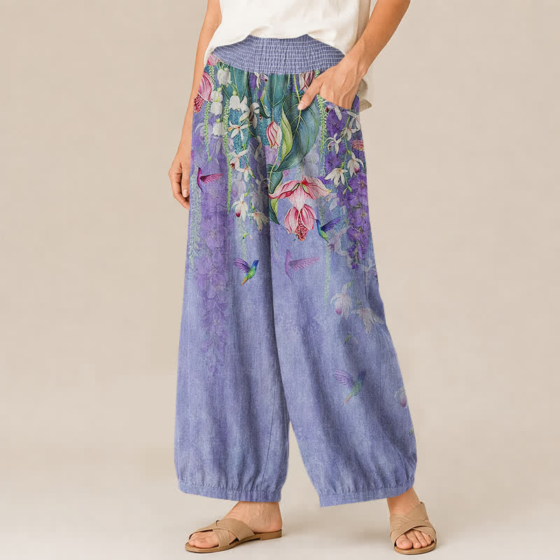 Buddha Stones Pantalones harem de mujer con estampado floral de colibríes y lavanda, plisados, cintura elástica y bolsillos. - image 1