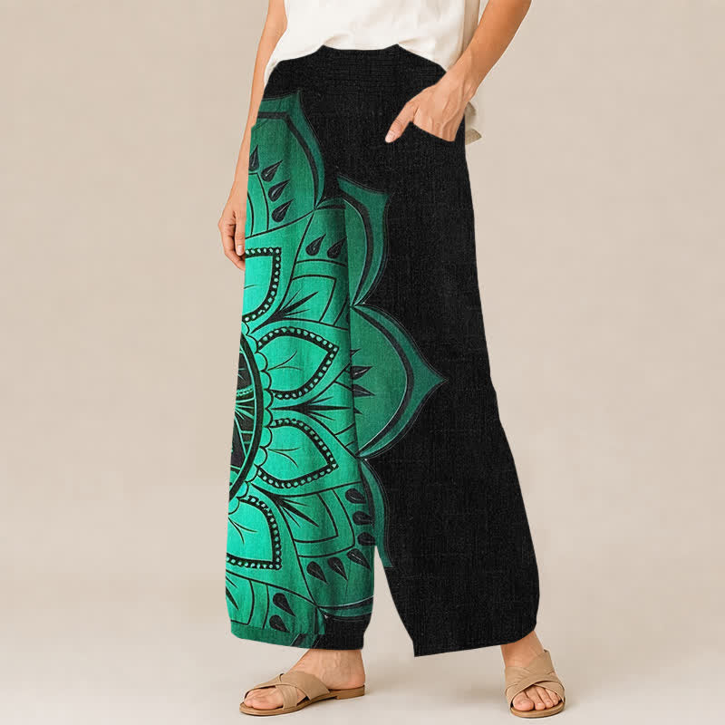 Buddha Stones Pantalones harem de algodón estilo bohemio con estampado floral de mandala, cintura elástica plisada y bolsillos para mujer. - image 1