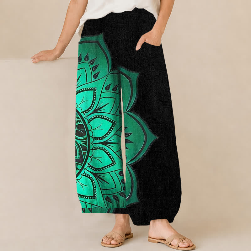 Buddha Stones Pantalones harem de algodón estilo bohemio con estampado floral de mandala, cintura elástica plisada y bolsillos para mujer. - Negro - US16，UK/AU20，EU48 (3XL) - image 0