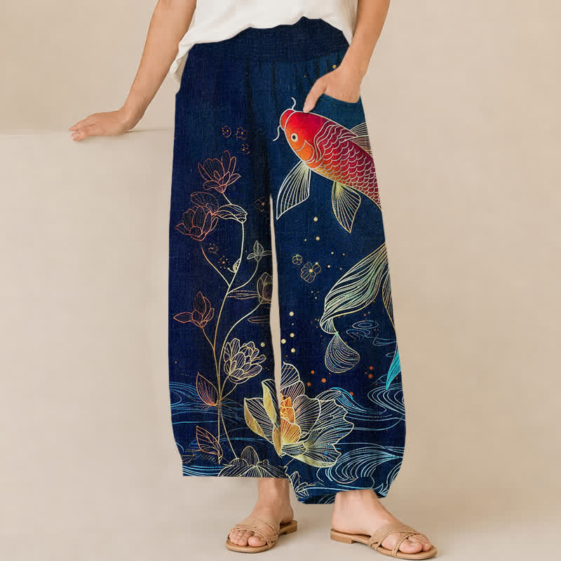 Buddha Stones Pantalones harem de algodón rojo con estampado de peces koi y loto ondulados, cintura elástica plisada y bolsillos para mujer. - Marina de guerra - US16，UK/AU20，EU48 (3XL) - image 0