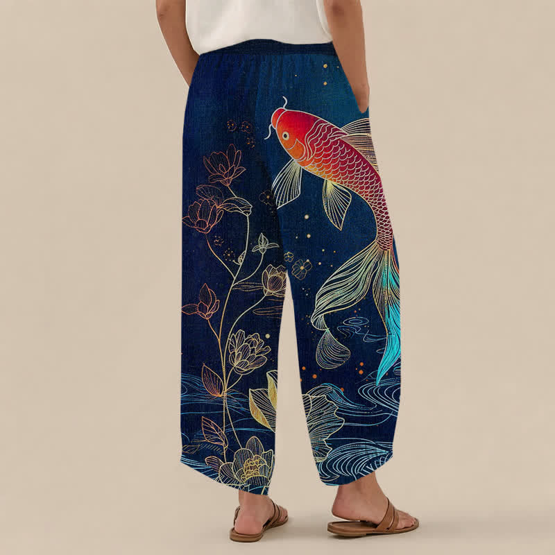 Buddha Stones Pantalones harem de algodón rojo con estampado de peces koi y loto ondulados, cintura elástica plisada y bolsillos para mujer. - image 2
