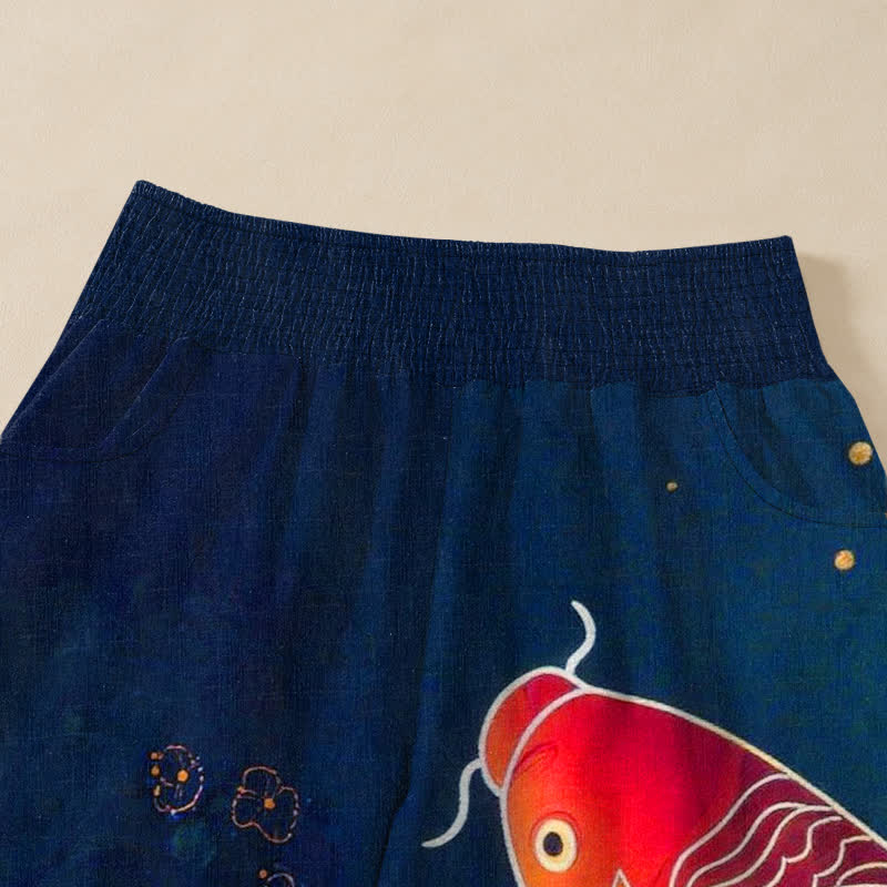 Buddha Stones Pantalones harem de algodón rojo con estampado de peces koi y loto ondulados, cintura elástica plisada y bolsillos para mujer. - image 4