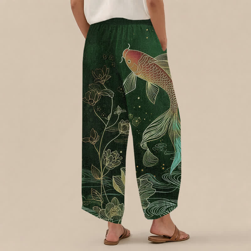 Buddha Stones Pantalones harem de algodón rojo con estampado de peces koi y loto ondulados, cintura elástica plisada y bolsillos para mujer. - image 8