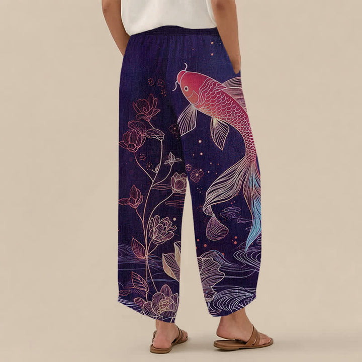 Buddha Stones Pantalones harem de algodón rojo con estampado de peces koi y loto ondulados, cintura elástica plisada y bolsillos para mujer. - image 12