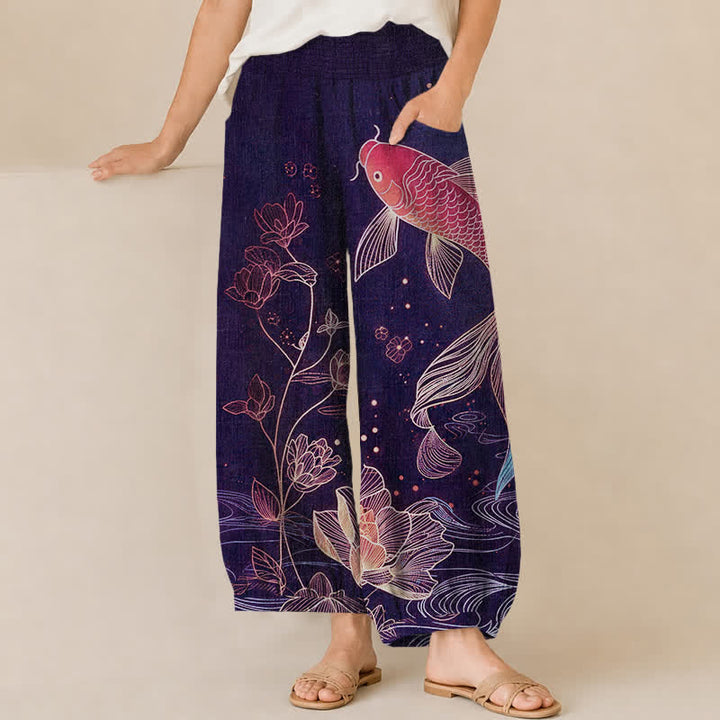 Buddha Stones Pantalones harem de algodón rojo con estampado de peces koi y loto ondulados, cintura elástica plisada y bolsillos para mujer. - Índigo - US16，UK/AU20，EU48 (3XL) - image 10