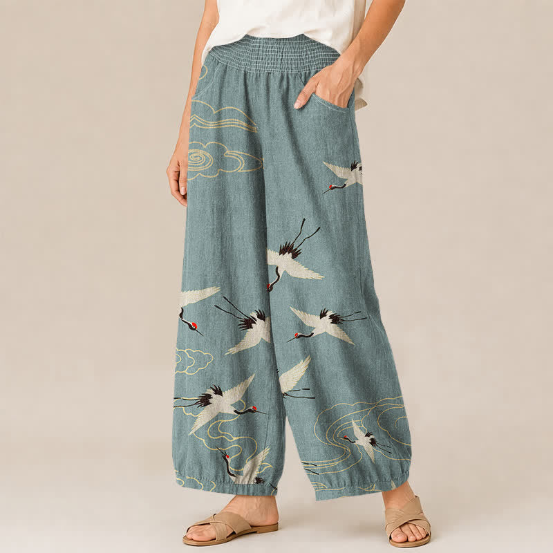 Buddha Stones Pantalones harem de algodón blanco oriental con estampado de grullas y nubes, cintura elástica plisada y bolsillos para mujer. - image 1