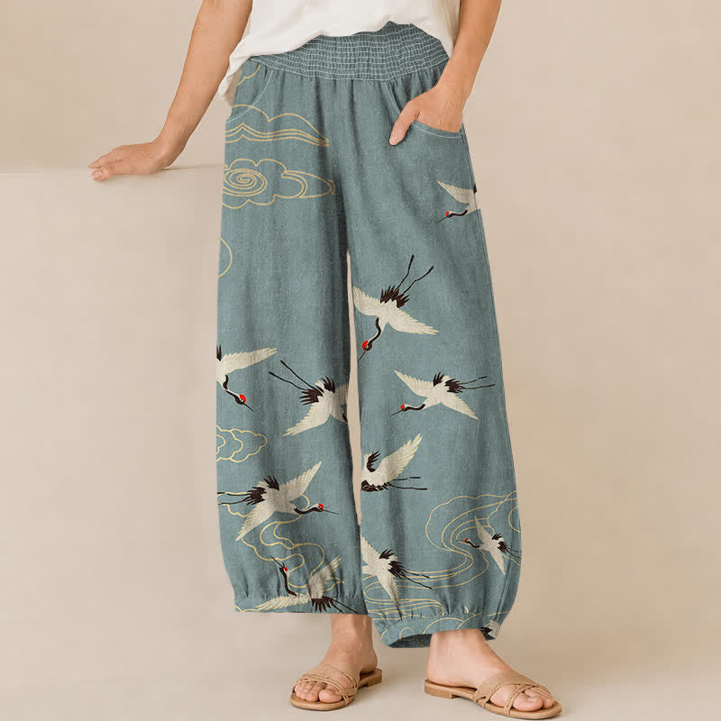 Buddha Stones Pantalones harem de algodón blanco oriental con estampado de grullas y nubes, cintura elástica plisada y bolsillos para mujer. - Azul cadete - US16，UK/AU20，EU48 (3XL) - image 0