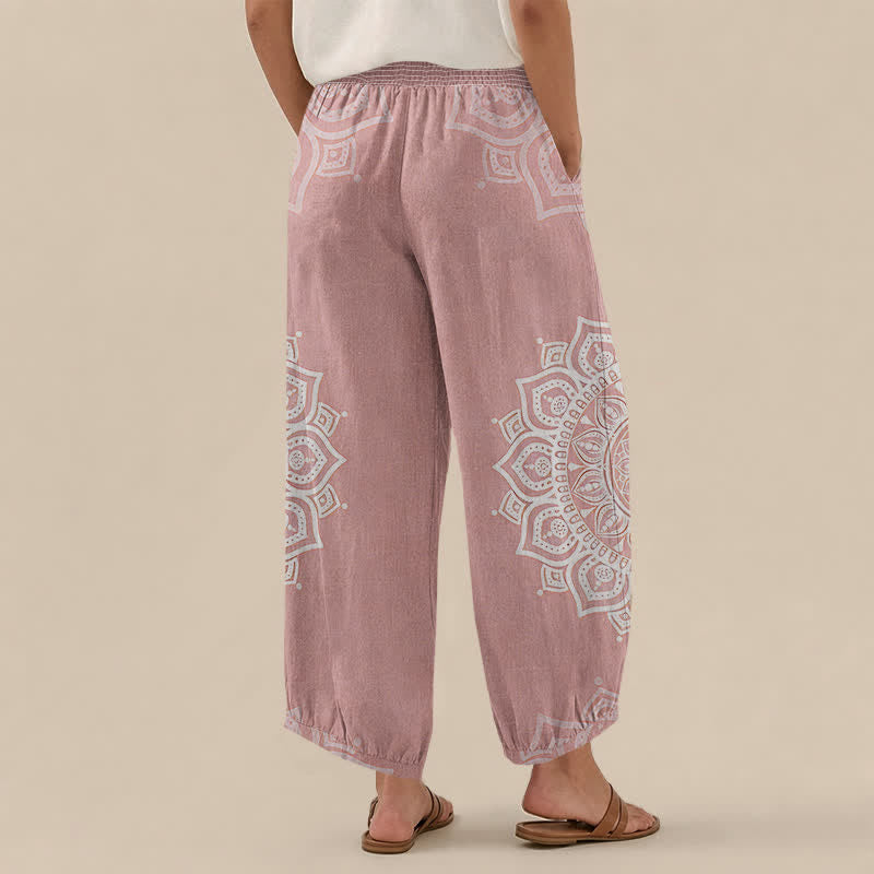 Buddha Stones Pantalones harem de algodón estilo bohemio con estampado floral de mandala blanco, cintura elástica plisada y bolsillos para mujer. - image 2