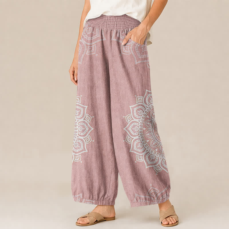 Buddha Stones Pantalones harem de algodón estilo bohemio con estampado floral de mandala blanco, cintura elástica plisada y bolsillos para mujer. - image 1