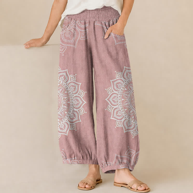 Buddha Stones Pantalones harem de algodón estilo bohemio con estampado floral de mandala blanco, cintura elástica plisada y bolsillos para mujer. - rosa claro - US16，UK/AU20，EU48 (3XL) - image 0