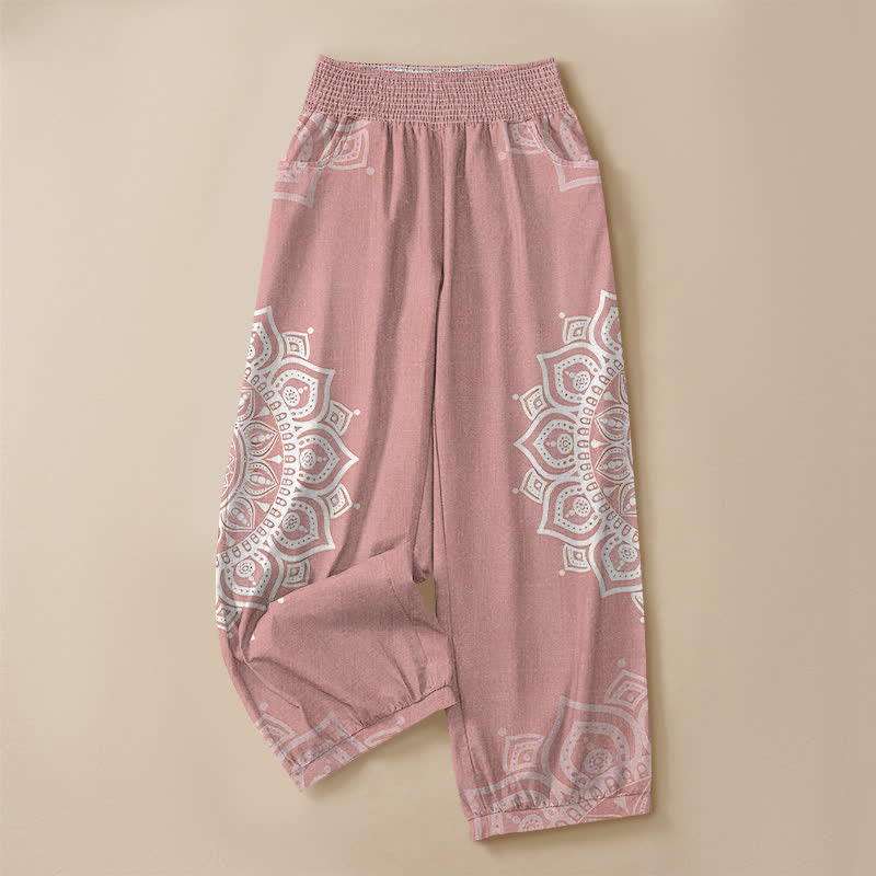 Buddha Stones Pantalones harem de algodón estilo bohemio con estampado floral de mandala blanco, cintura elástica plisada y bolsillos para mujer. - image 3