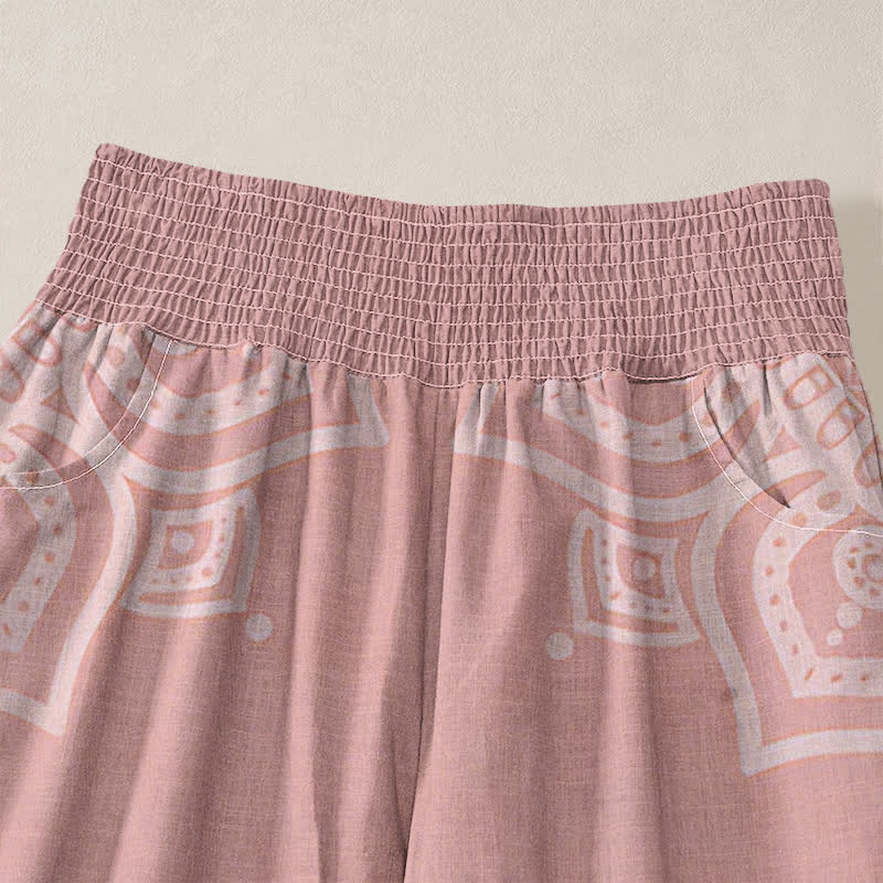 Buddha Stones Pantalones harem de algodón estilo bohemio con estampado floral de mandala blanco, cintura elástica plisada y bolsillos para mujer. - image 4