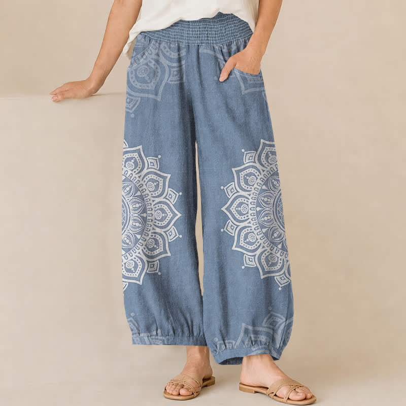 Buddha Stones Pantalones harem de algodón estilo bohemio con estampado floral de mandala blanco, cintura elástica plisada y bolsillos para mujer. - Azul acero - US16，UK/AU20，EU48 (3XL) - image 6