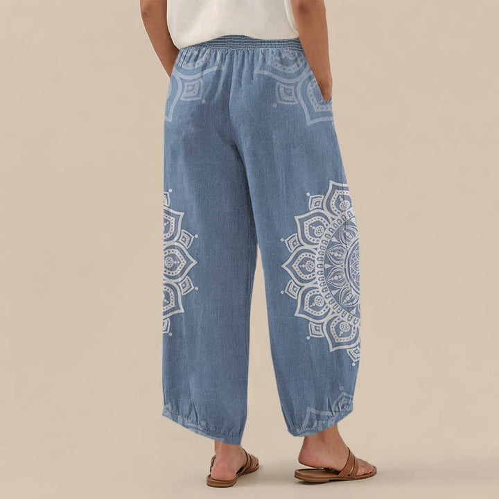 Buddha Stones Pantalones harem de algodón estilo bohemio con estampado floral de mandala blanco, cintura elástica plisada y bolsillos para mujer. - image 8