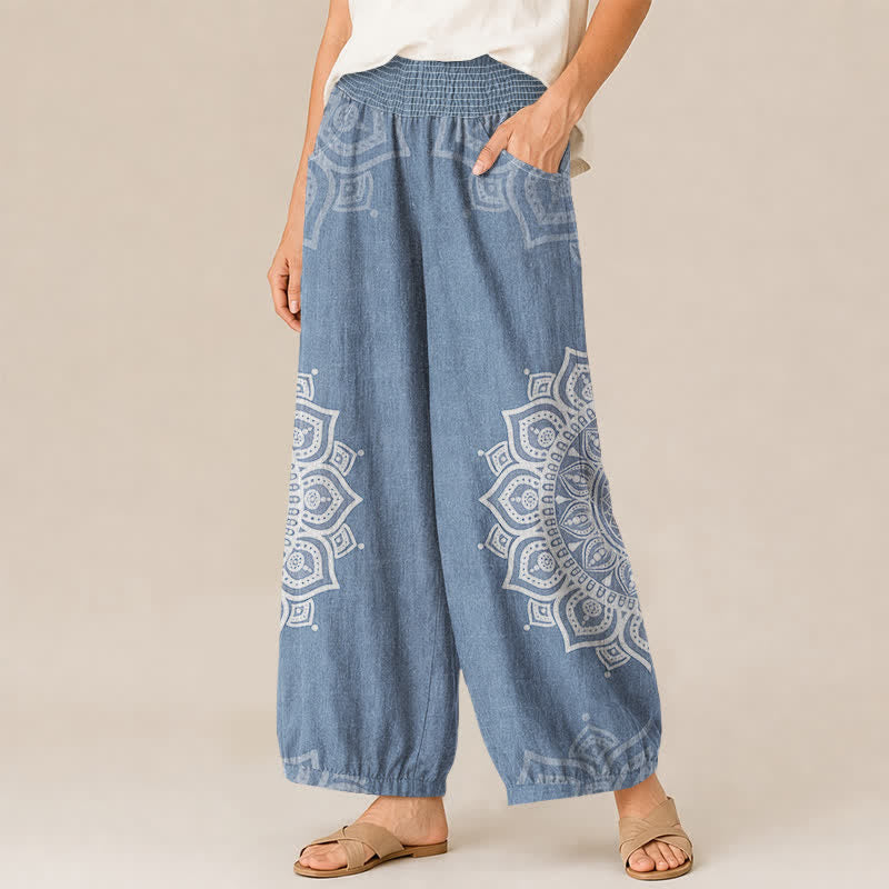 Buddha Stones Pantalones harem de algodón estilo bohemio con estampado floral de mandala blanco, cintura elástica plisada y bolsillos para mujer. - image 7