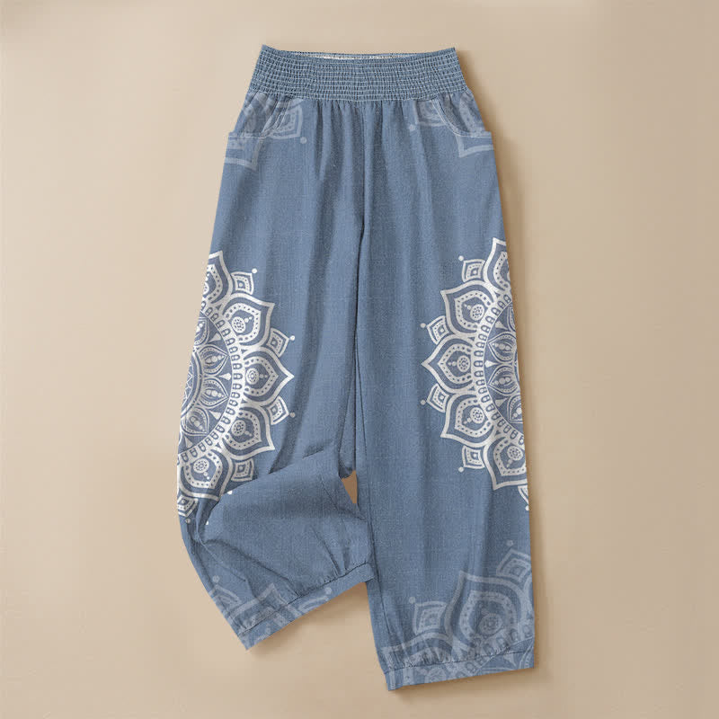 Buddha Stones Pantalones harem de algodón estilo bohemio con estampado floral de mandala blanco, cintura elástica plisada y bolsillos para mujer. - image 9