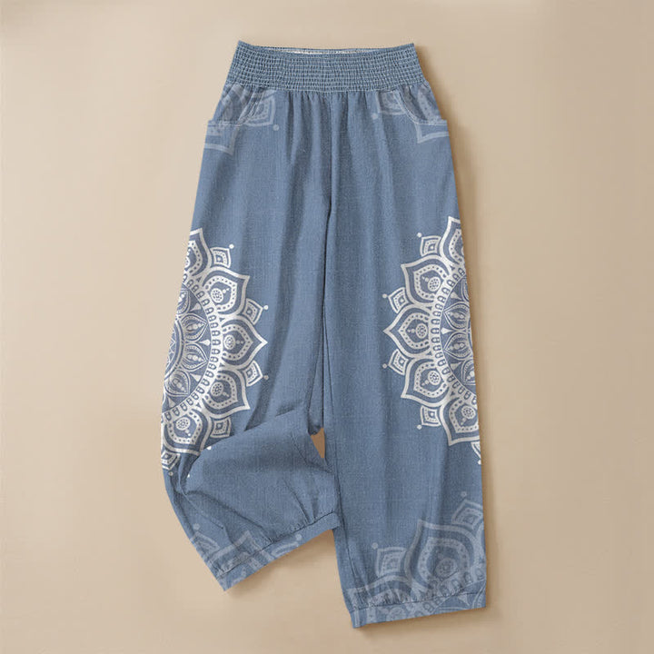 Buddha Stones Pantalones harem de algodón estilo bohemio con estampado floral de mandala blanco, cintura elástica plisada y bolsillos para mujer. - image 9