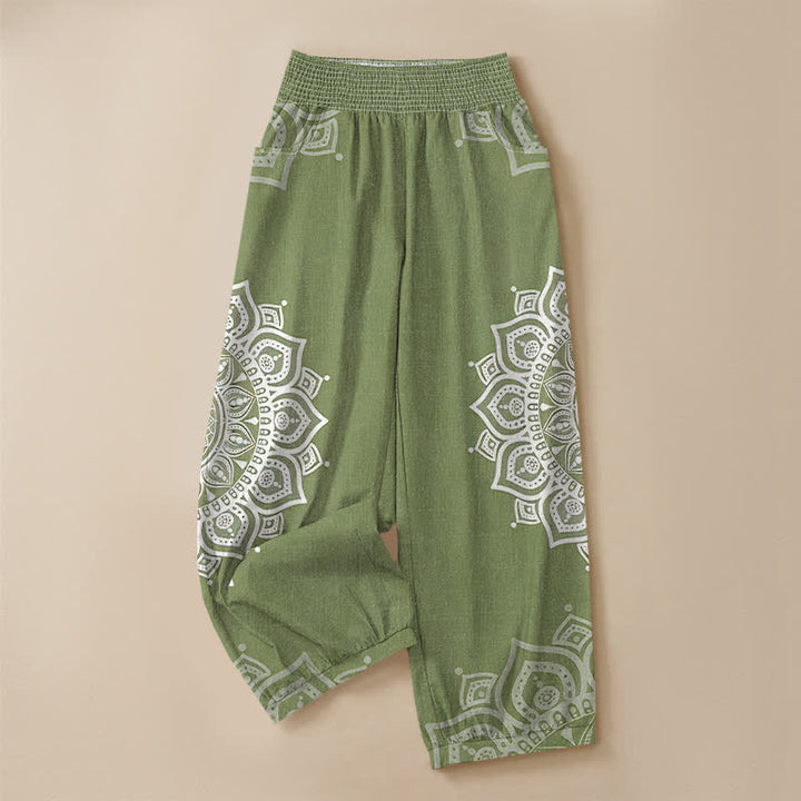 Buddha Stones Pantalones harem de algodón estilo bohemio con estampado floral de mandala blanco, cintura elástica plisada y bolsillos para mujer. - image 13
