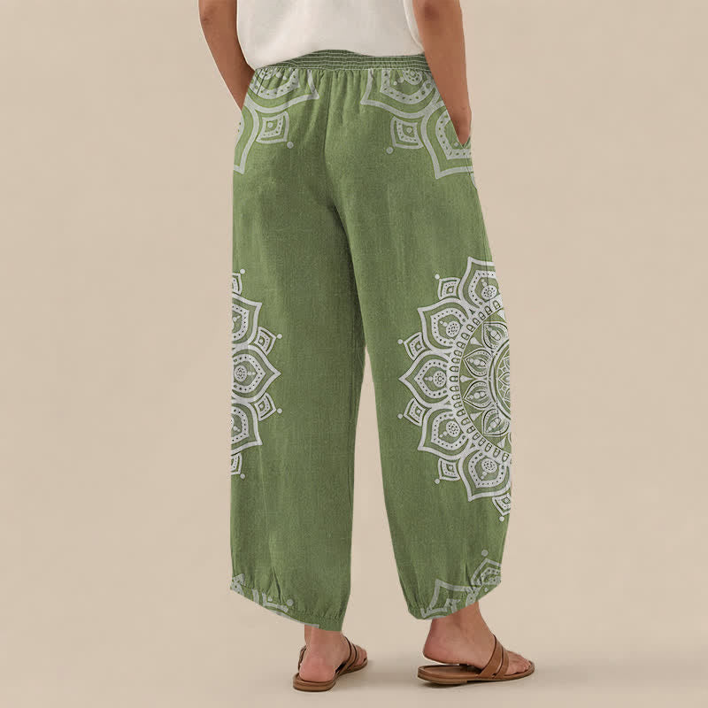 Buddha Stones Pantalones harem de algodón estilo bohemio con estampado floral de mandala blanco, cintura elástica plisada y bolsillos para mujer. - image 12