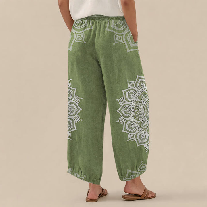 Buddha Stones Pantalones harem de algodón estilo bohemio con estampado floral de mandala blanco, cintura elástica plisada y bolsillos para mujer. - image 12