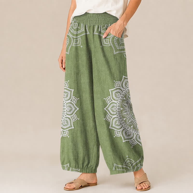 Buddha Stones Pantalones harem de algodón estilo bohemio con estampado floral de mandala blanco, cintura elástica plisada y bolsillos para mujer. - image 11