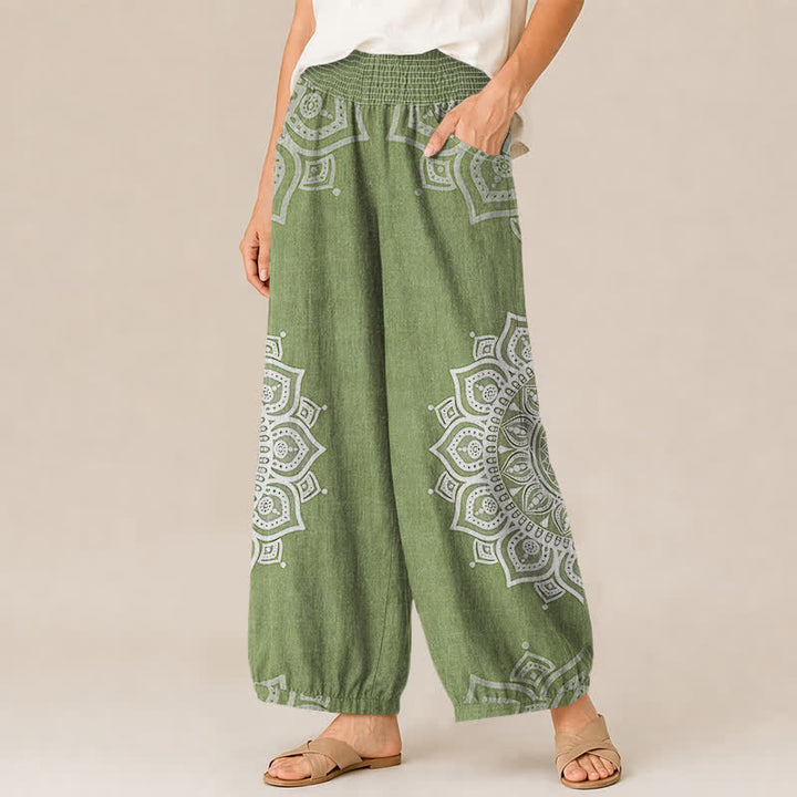 Buddha Stones Pantalones harem de algodón estilo bohemio con estampado floral de mandala blanco, cintura elástica plisada y bolsillos para mujer. - image 11